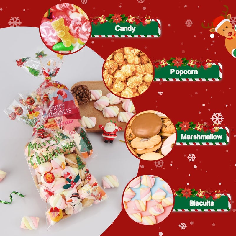 OWill 120 Pcs Christmas Sweet Bags,Christmas Cellophane Bags with Colorful Twist Ties, Gift Bags for Sweets Party Christmas and Festivals -27 * 13cm - Image 4